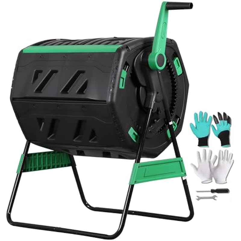 Compost Bin - 53-Gallon Two-Section Rotating Compost Bin with