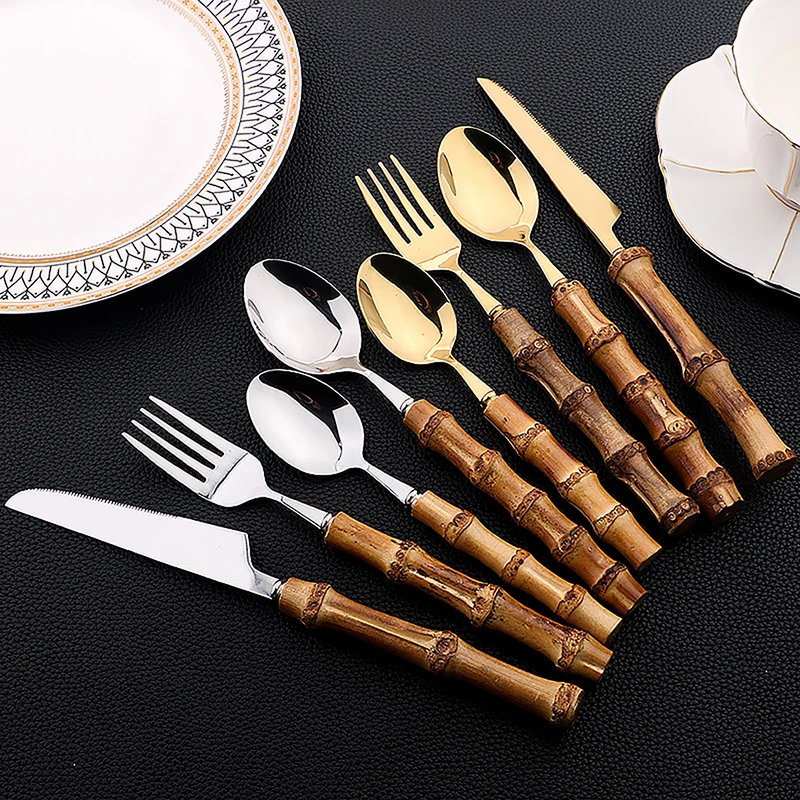 24Pcs Stainless Steel Flatware - Bamboo Cutlery 评论和价格