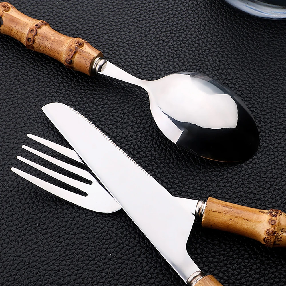 24Pcs Stainless Steel Flatware - Bamboo Cutlery 评论和价格